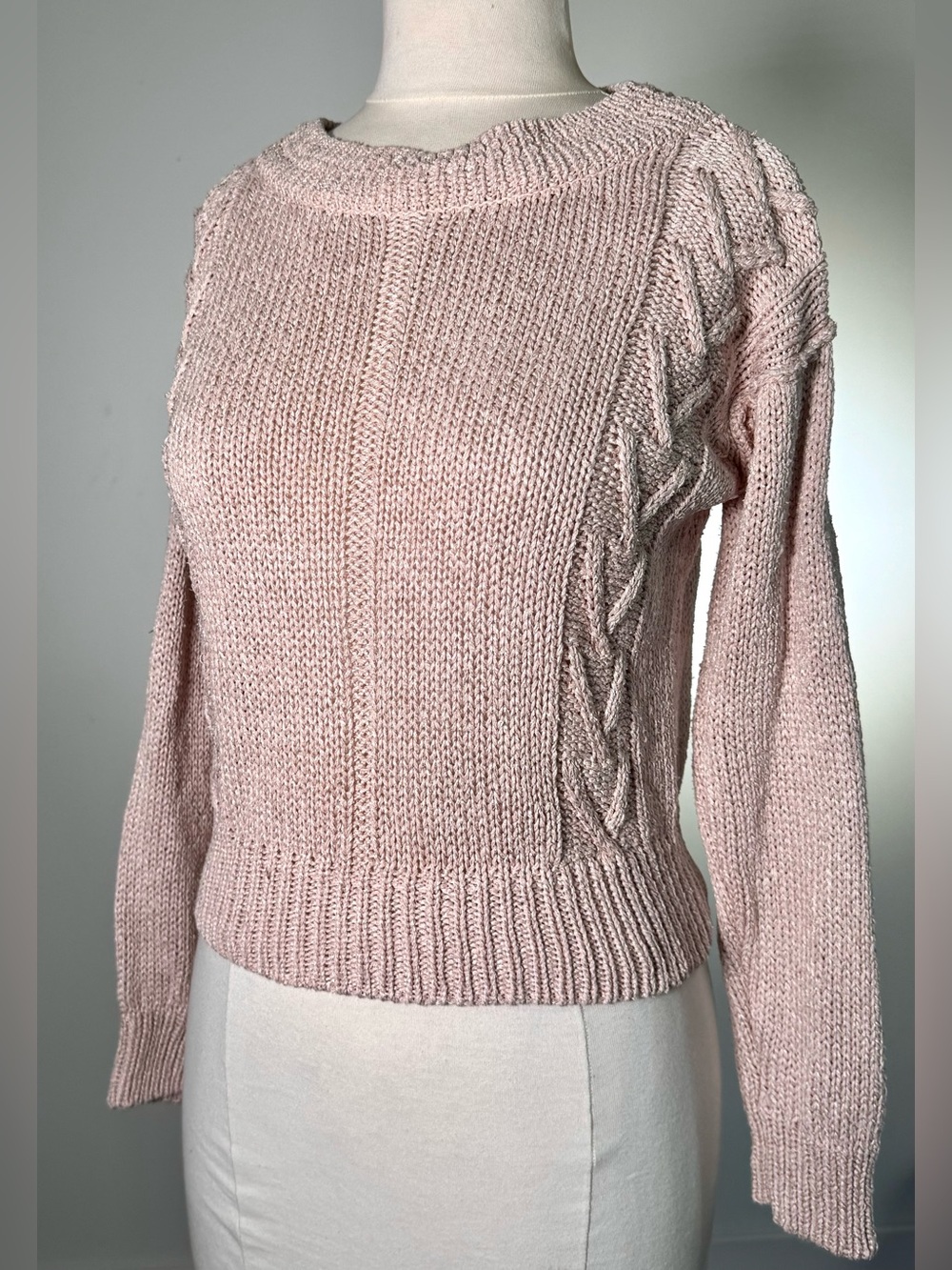 Vintage Liz Claiborne S Blush Pink Silk Blend Cable Knit Crop Sweater 80s 90s
